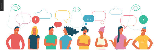 Bright people portraits set - young men and women Bright people portraits - young men and women - row of talking people with bubbles above and watching eyes in the sky, chat and observing big brother, supervising concept teenager doodle stock illustrations