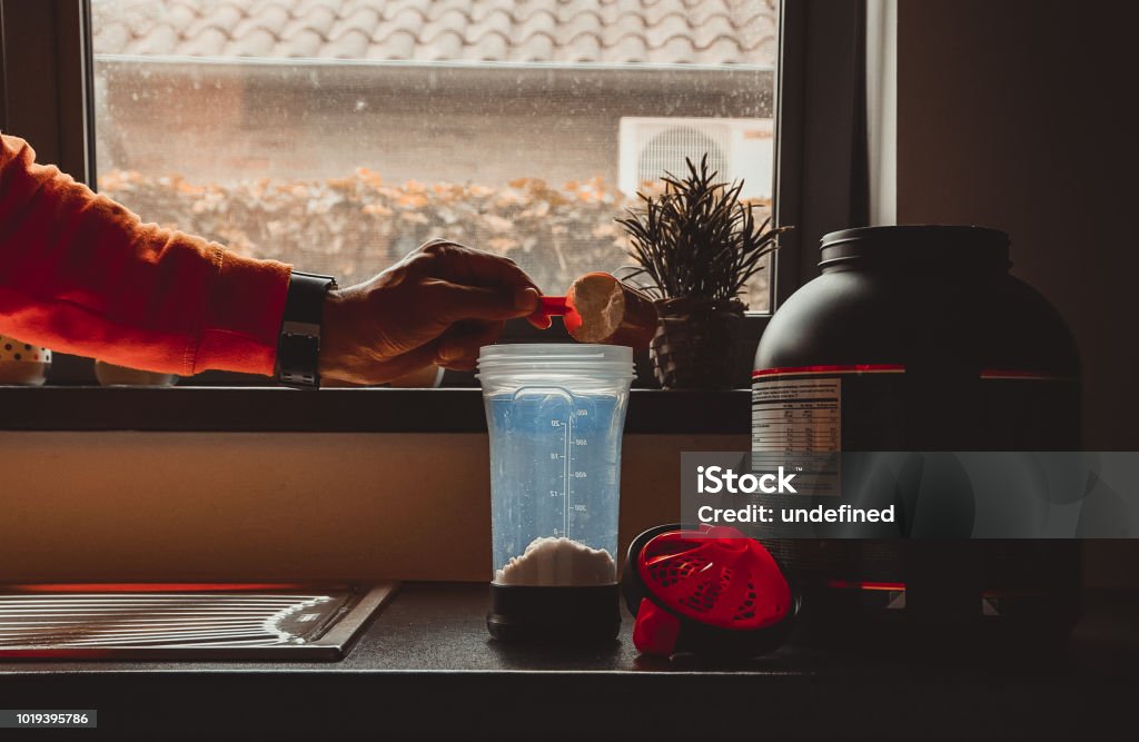 Gym Shaker Preparation for daily workout Protein Drink Stock Photo