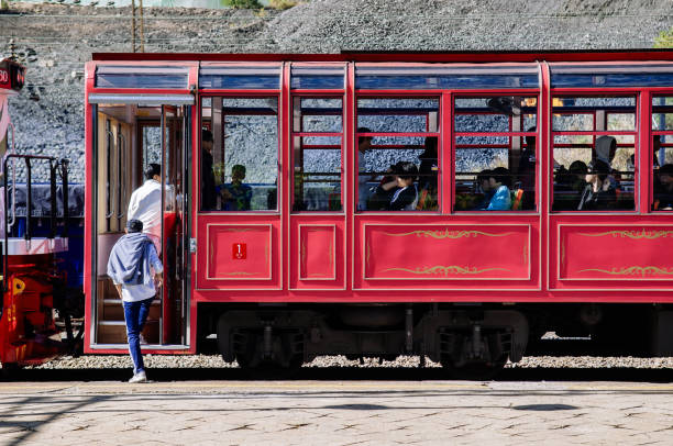 OCT 24, 2013 Cheoram, South Korea - Korail Baekdudaegan Mountain Range Canyon Train or V-Train, at Seungbu station platform. Sightseeing train operating on Buncheon - Cheoram route.