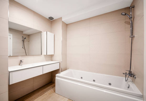 istock Modern bathroom interior with  bathtub. Clean and fresh bathroom. 1019403422