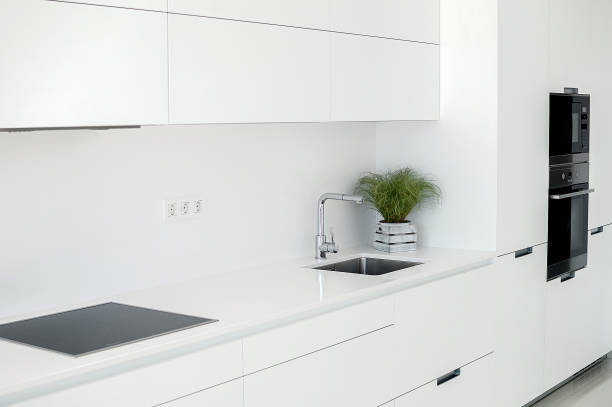 istock White kitchen interior. Minimalistic interior design. Modern furniture and built-in appliances. 1019403496