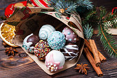 Christmas pop cakes. Decoration of xmas candies.