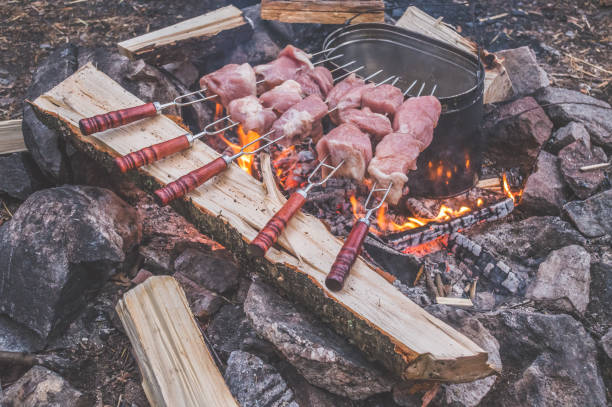istock hike on the fire fry meat, BBQ facilities 1019419074