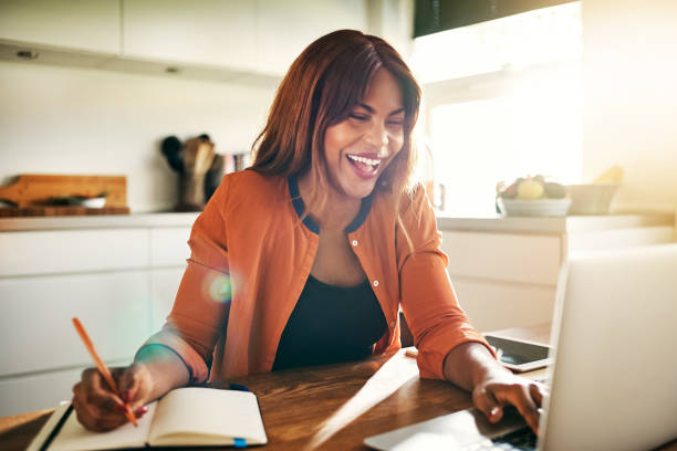 istock Laughing young female entrepreneur working online in her kitchen 1019424048