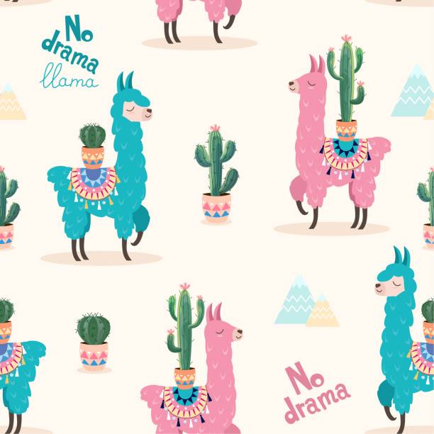 ilustrações de stock, clip art, desenhos animados e ícones de pattern with llama and cactus. vector seamless texture. - cheerful cactus