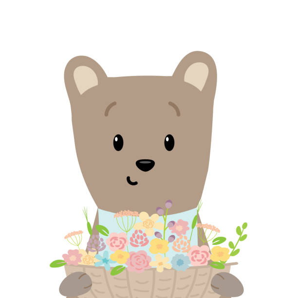 istock Cute funny bear with a basket of flowers. 1019437206