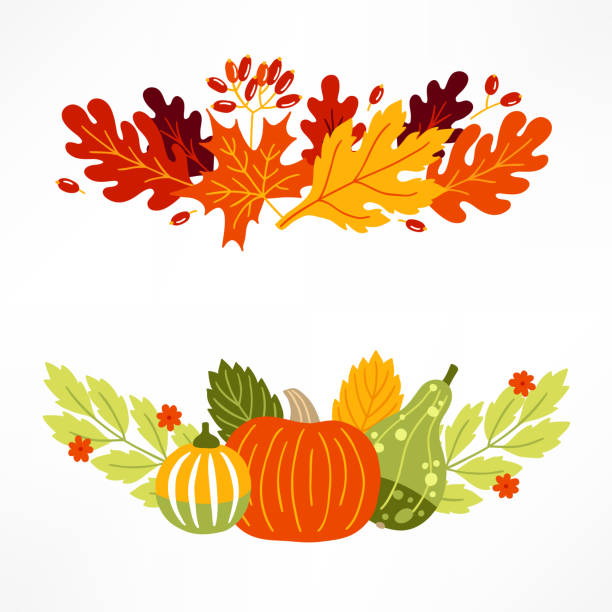 kompozycje warzyw i liści z dyniami, jagodami i kwiatami - vector thanksgiving fall holidays and celebrations stock illustrations