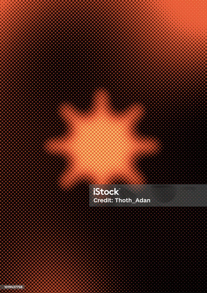 Background template with sun (Neon half tone set) Background template design with big sun (or star) icon in orange and black. This vector file is part of the 'neon half tone design set', playing with circular half tone raster imitating glow effects as known by neon lights. Backgrounds stock vector