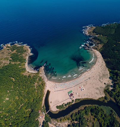 Aerial view of a sandy beach of Kyllini, Greece on August 25, 2023.