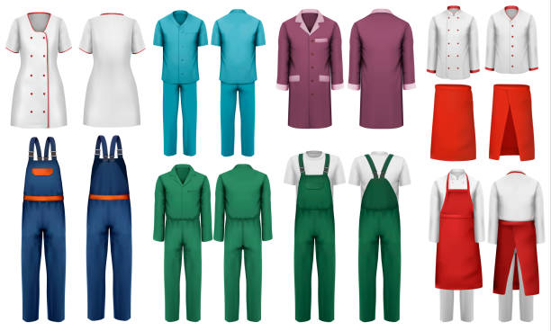 Set of overalls with worker and medical clothes. Design template. Vector illustration. Set of overalls with worker and medical clothes. Design template. Vector illustration. sports uniform stock illustrations
