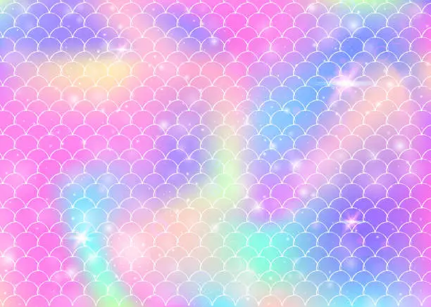 Vector illustration of Princess mermaid background with kawaii rainbow scales pattern.