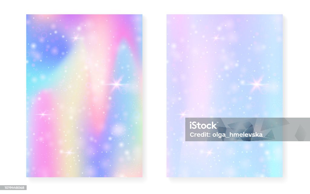 Magic background with princess rainbow gradient. Kawaii unicorn Magic background with princess rainbow gradient. Kawaii unicorn hologram. Holographic fairy set. Bright fantasy cover. Magic background with sparkles and stars for cute girl party invitation. Kawaii stock vector