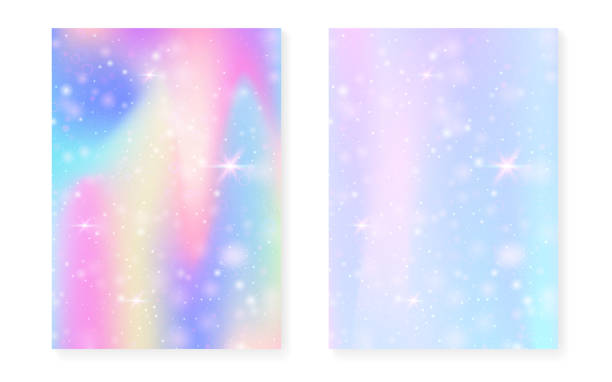 Magic background with princess rainbow gradient. Kawaii unicorn Magic background with princess rainbow gradient. Kawaii unicorn hologram. Holographic fairy set. Bright fantasy cover. Magic background with sparkles and stars for cute girl party invitation. Unicorn stock illustrations