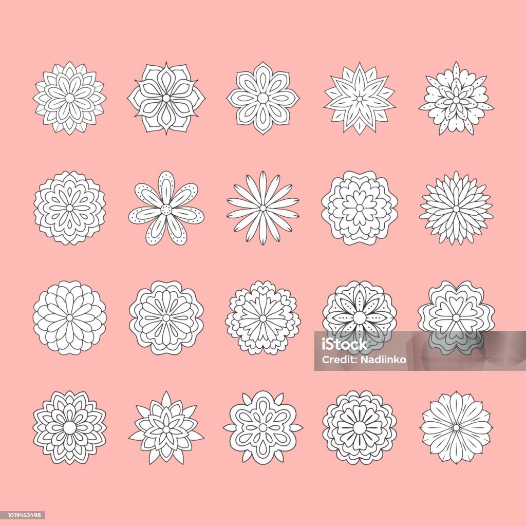 Doodle white flowers set on pink background. Beautiful floral design elements for wedding card. Zentangle backdrop, summer flower drawing. Cute silhouette illustration Doodle white flowers set on pink background. Beautiful floral design elements for wedding card. Zentangle backdrop, summer flower drawing. Cute silhouette illustration. Abstract stock vector