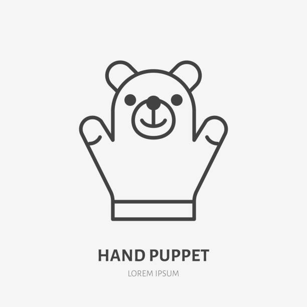 Hand puppet line icon, baby soft bear toy flat logo. Cute plush animal vector illustration. Sign for kids shop Hand puppet line icon, baby soft bear toy flat logo. Cute plush animal vector illustration. Sign for kids shop. puppet stock illustrations