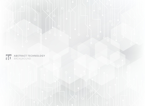 Abstract technology circuit board on gray geometric hexagon overlay pattern background. Vector illustration