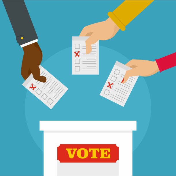 ilustrações de stock, clip art, desenhos animados e ícones de people at ballot box background, flat style - vote casting