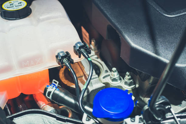 istock Coolant tank and warning information in engine room 1019460482