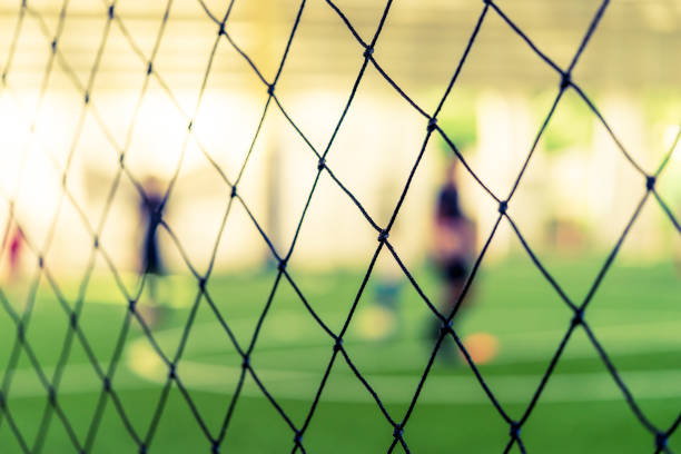 istock Soccer training net blur on training ground with children 1019463470