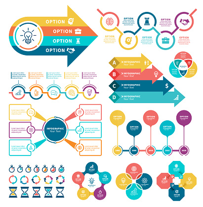 Business diagrams with steps and infographic.