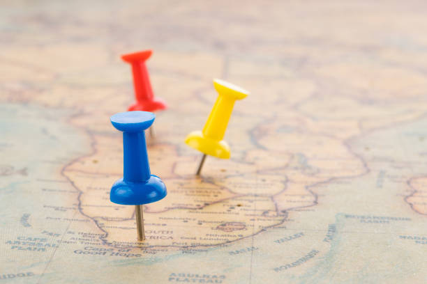 istock closeup destination and pin on the map 1019479208