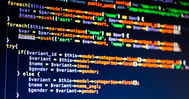 Lines of php code on the screen, extreme close-up. Lines of php code on the screen, extreme close-up. White, orange and green coding hypertext stock pictures, royalty-free photos & images