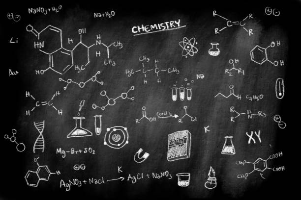 doodle of chemistry formula subject on black chalk board background for education science concept - research chemistry dna formula imagens e fotografias de stock