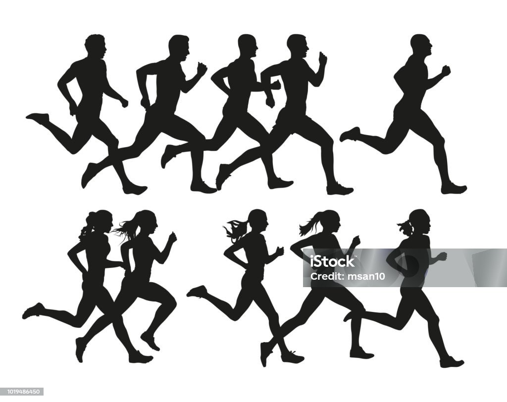 Pessoas correndo, vector silhouettes isolados. Run, homens e mulheres - Vetor de Correr royalty-free
