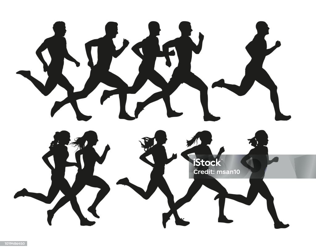 Running people, vector isolated silhouettes. Run, men and women Running stock vector