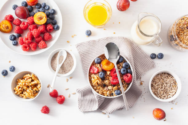 istock healthy granola for breakfast with berry fruit nut, vegan milk 1019488732