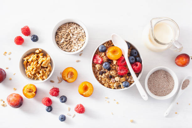 istock healthy granola for breakfast with berry fruit nut, vegan milk 1019488880