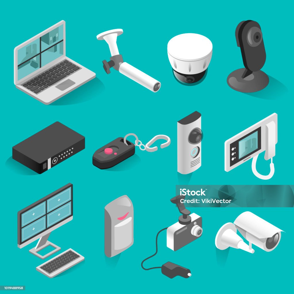 Security system vector isometric elements set Security system vector isometric elements set isolated from background. Realistic illustrations of security equipment objects. Collection in 3d style. Isometric Projection stock vector