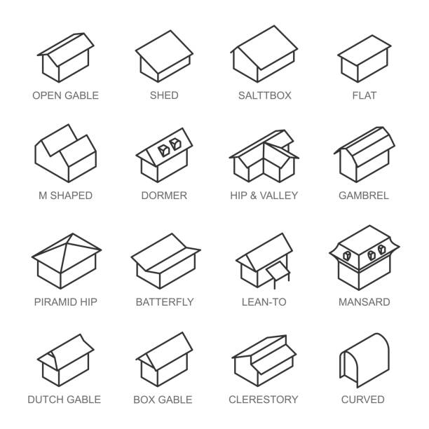 Types of roofs icons vector set Types of roofs icons vector set isolated from background. Various roof types in outlines. Collection in black and white colors with types names or titles. gable stock illustrations