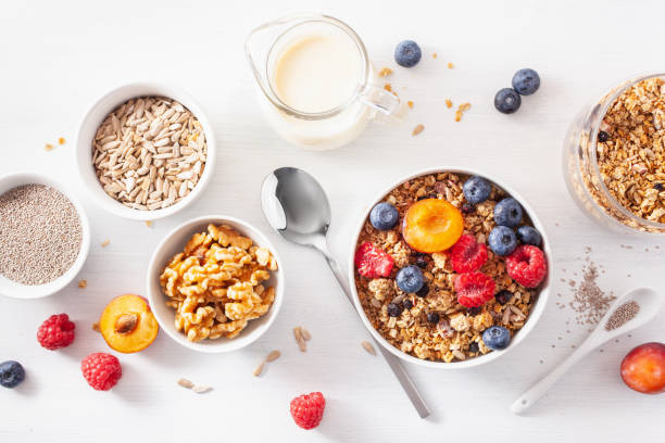 istock healthy granola for breakfast with berry fruit nut, vegan milk 1019489058