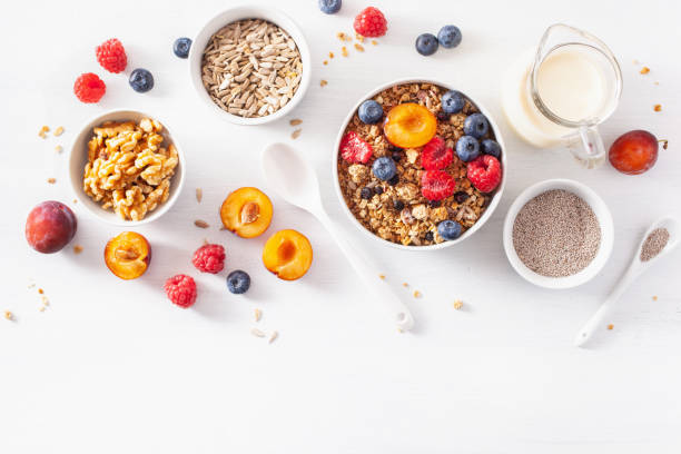 istock healthy granola for breakfast with berry fruit nut, vegan milk 1019489088