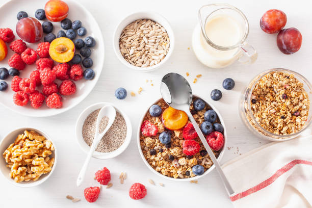 istock healthy granola for breakfast with berry fruit nut, vegan milk 1019489230