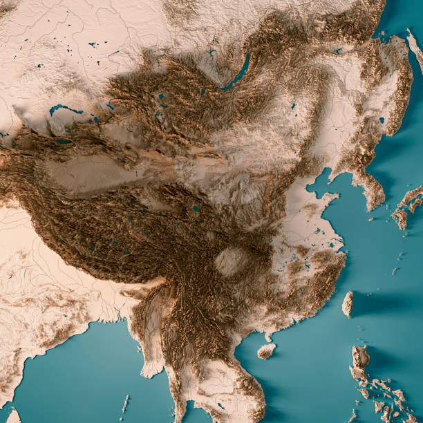 la chine rendu 3d carte topographique neutre - yellow sea photos et images de collection