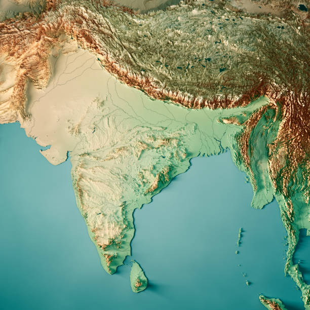 india 3d render topographic map color - mountain himalayas aerial view landscape imagens e fotografias de stock