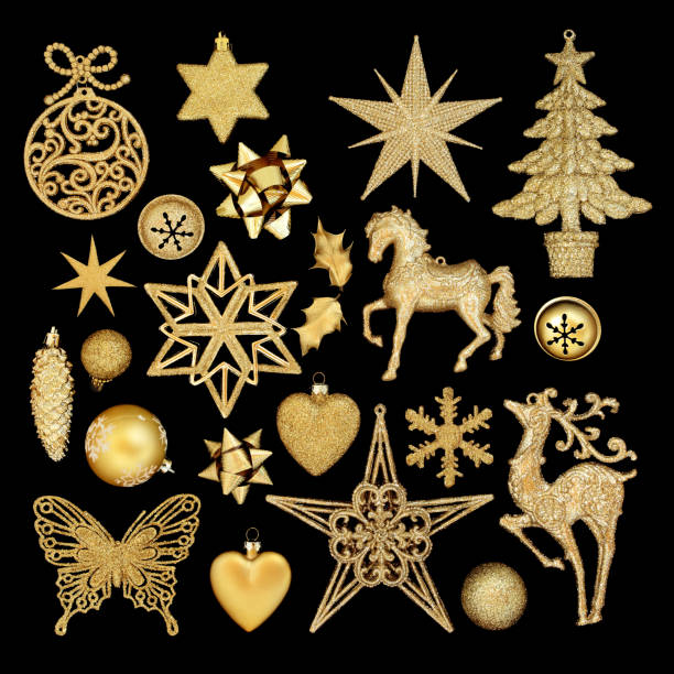gold christmas decorations - reindeer christmas decoration gold photography imagens e fotografias de stock