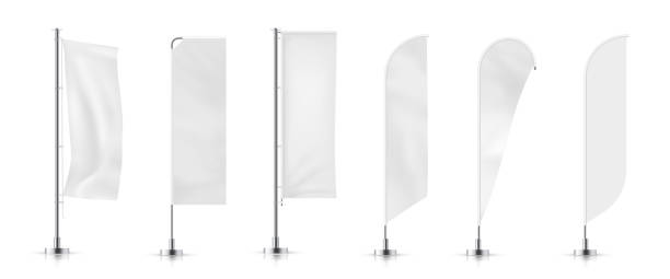 banner flag Vector set of  different types white waving advertisement  banner flag.  Vector mock-up. feather flag stock illustrations