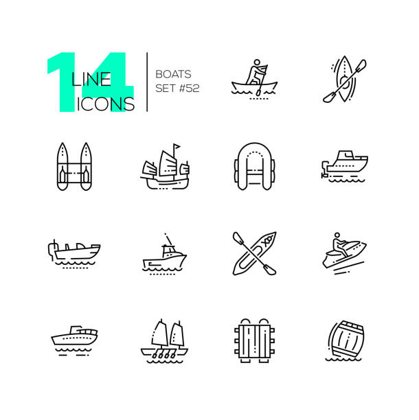 illustrazioni stock, clip art, cartoni animati e icone di tendenza di barche - set di icone di design moderno a linea sottile - wooden raft illustrations