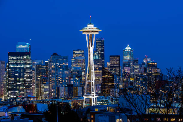 horizonte de seattle en la noche - seattle night skyline architecture and buildings fotografías e imágenes de stock