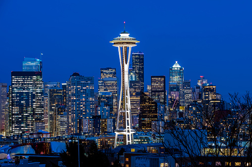 Space Needle and skyline at night, April 3, 2017, Seattle, Washington, USA