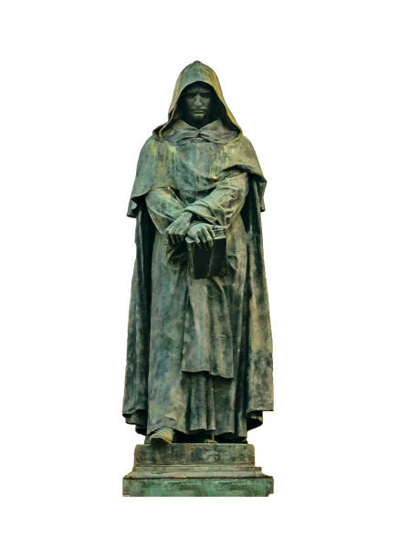 Monument to Girolamo Savanarola, famous monk and reformer, overlooking caste of Este family or Castello Estense in Ferrara, Italy