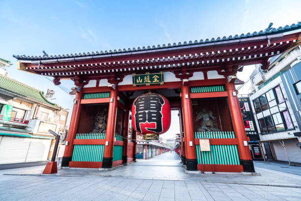 Morning view around Sensoji Temple in Tokyo. Oldest temple in Tokyo and on of the most significant Buddhist temples located in Asakusa. Tokyo, Japan - June 22, 2018: Morning view around Sensoji Temple in Tokyo. Oldest temple in Tokyo and on of the most significant Buddhist temples located in Asakusa. sensoji stock pictures, royalty-free photos & images