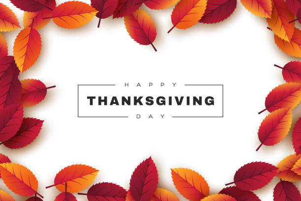 ilustrações de stock, clip art, desenhos animados e ícones de happy thanksgiving holiday design with bright autumn leaves and greeting text. white background, vector illustration. - vector thanksgiving fall holidays and celebrations