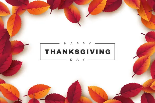 Vector illustration of Happy Thanksgiving holiday design with bright autumn leaves and greeting text. White background, vector illustration.