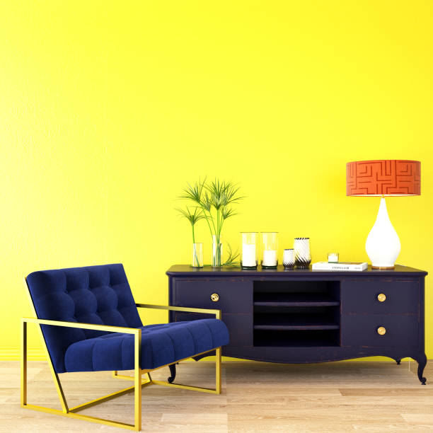 istock 3d rendering,3d illustration,interior design for living area or reception in modern style with armchair, table,plant on wood floor and yellow wall 1019517702