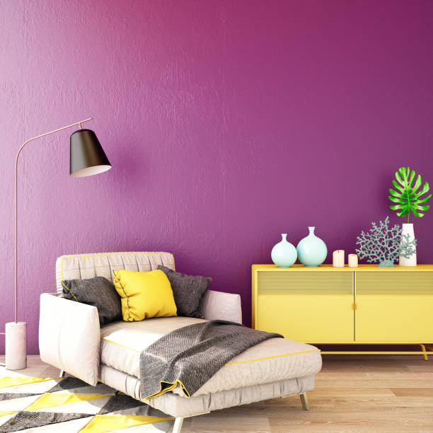 istock 3d rendering,3d illustration,interior design for living area or reception in modern style with armchair, table,plant on wood floor and purple wall 1019517724