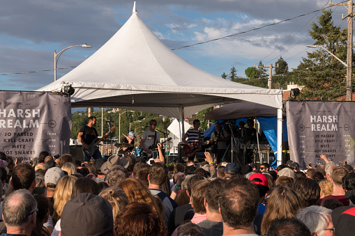 Seattle, USA - Aug 11, 2018: A Crowd watching the band Mudhoney at the SPF30 SUB POP party on the Beach in West Seattle late in the day.